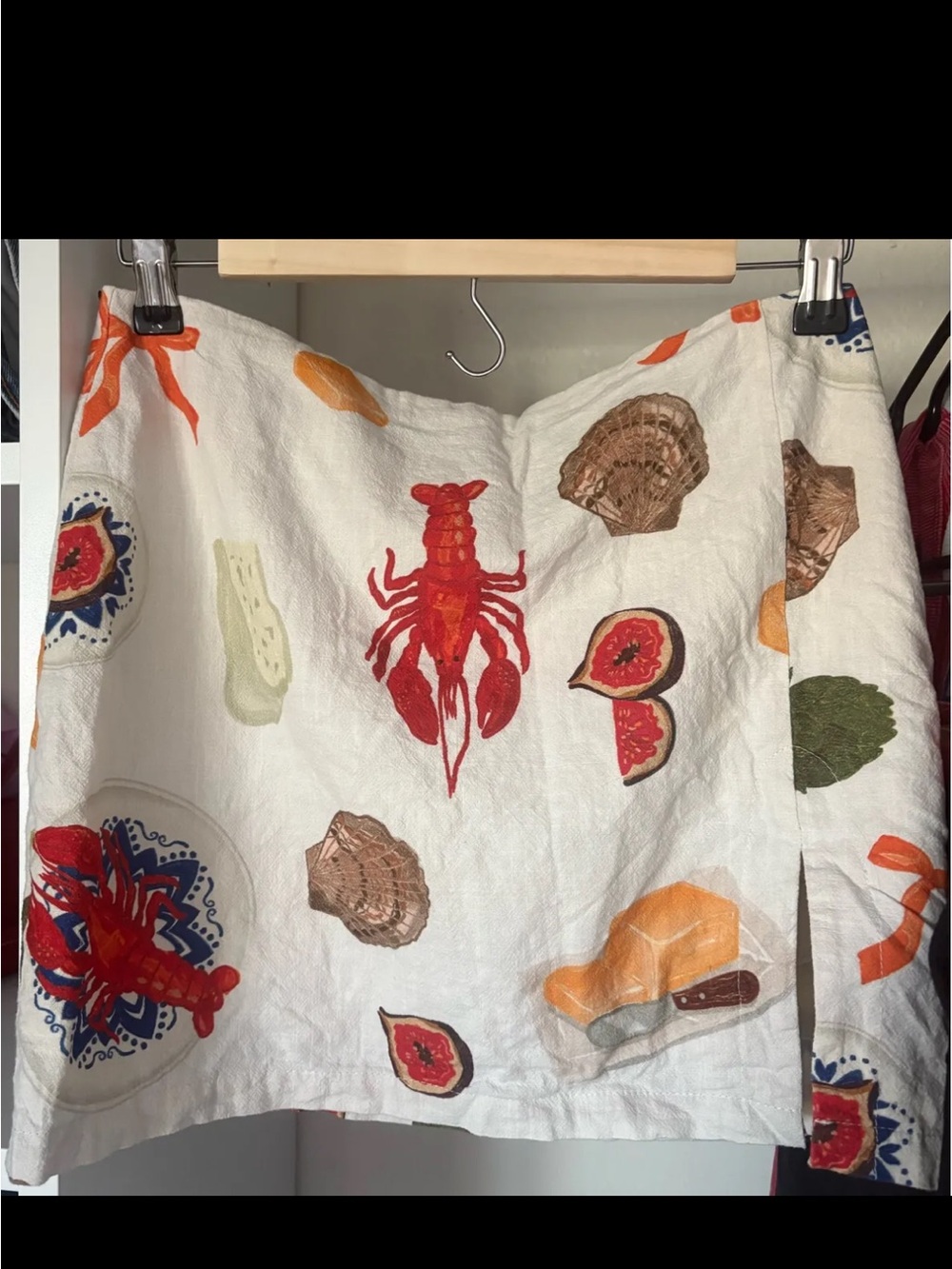 White Linen Skirt with Red Lobster & Seafood Print